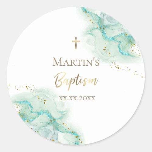 teal ink marble Baptism Classic Round Sticker