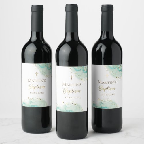 teal ink marble Baptism Wine Label