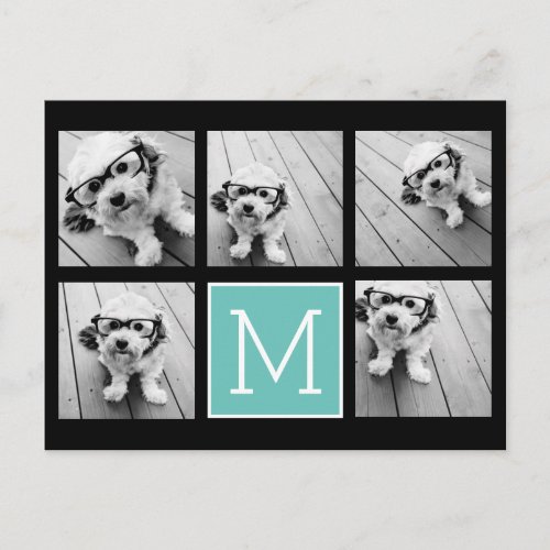 Teal Instagram 5 Photo Collage Monogram Postcard