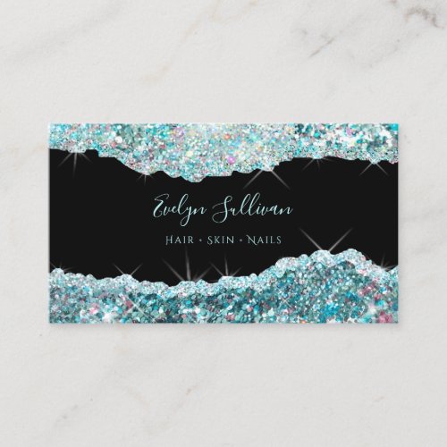 Teal iridescent glitter business card