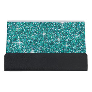 Teal iridescent glitter desk business card holder