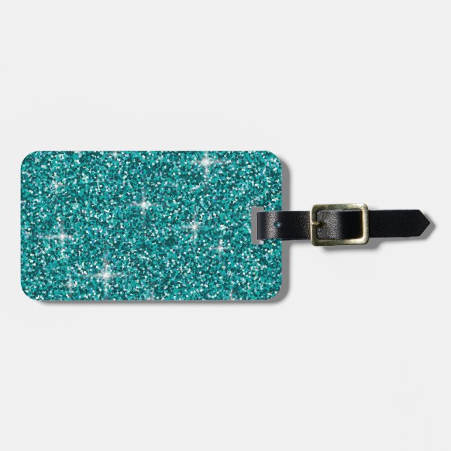 Teal iridescent glitter luggage tag (Front Horizontal)