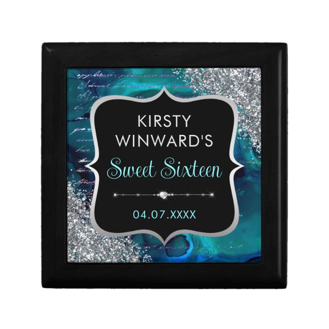Teal Iridescent Glitter Mermaid Letters Sweet 16 Gift Box (Front)