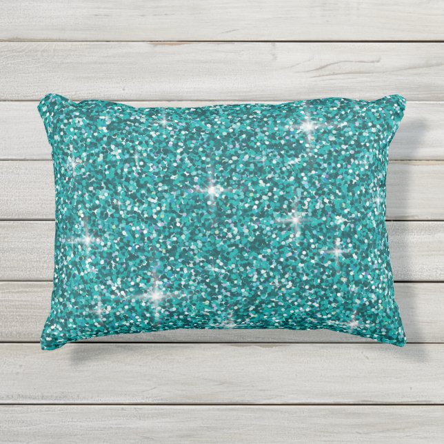Teal iridescent glitter outdoor pillow (Front)