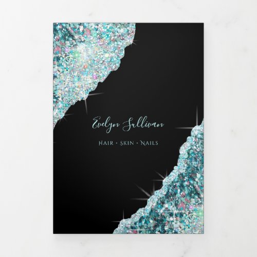 Teal iridescent glitter trifold brochure