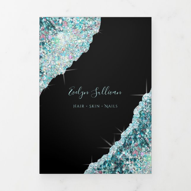 Teal iridescent glitter trifold brochure (Cover)