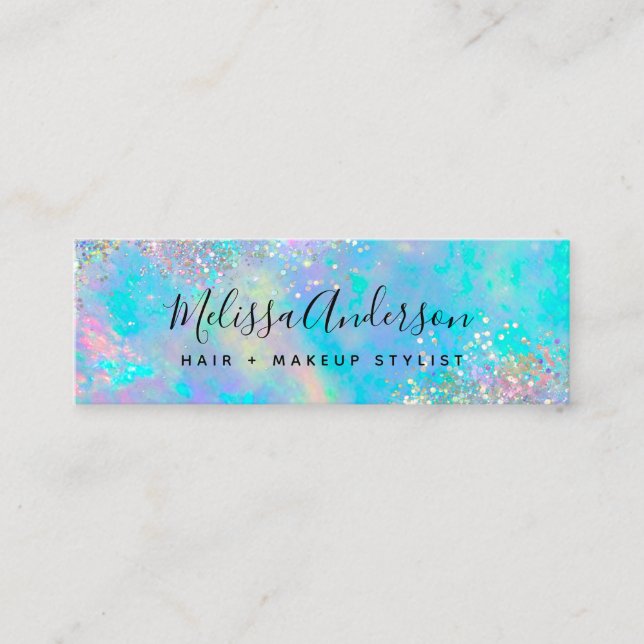 Teal Iridescent Holographic Glitter Mini Business Card (Front)