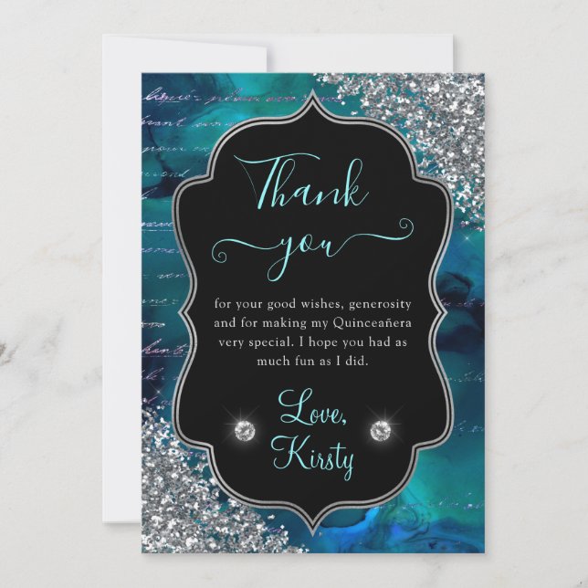 Teal Iridescent Mermaid Letters Quinceanera Thank You Card (Front)