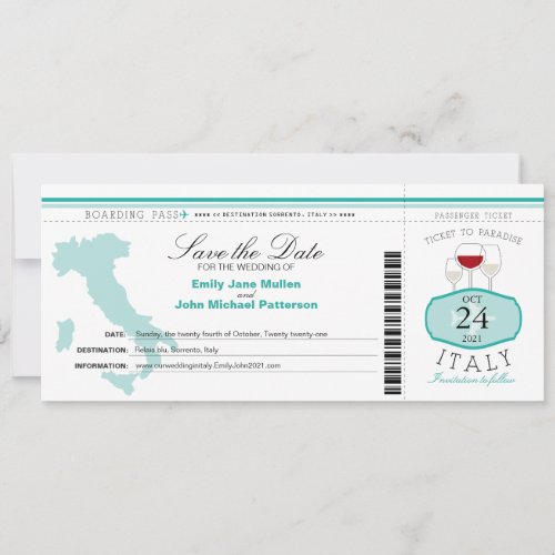Teal Italy Boarding Pass Wedding Invitation