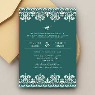 Teal Ivory Damask Border Anand Karaj Sikh Wedding Invitation