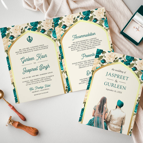Teal Ivory Floral All in One Sikh Wedding Invitation
