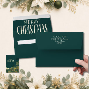 Teal Ivory Merry Christmas Holiday Card Matching Envelope