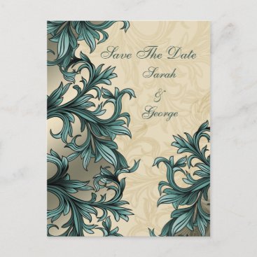 Teal ivory Vintage Flourish Wedding Announcement Postcard