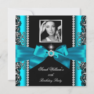 Teal Jade Bow Birthday Party Black Silver Photo Invitation