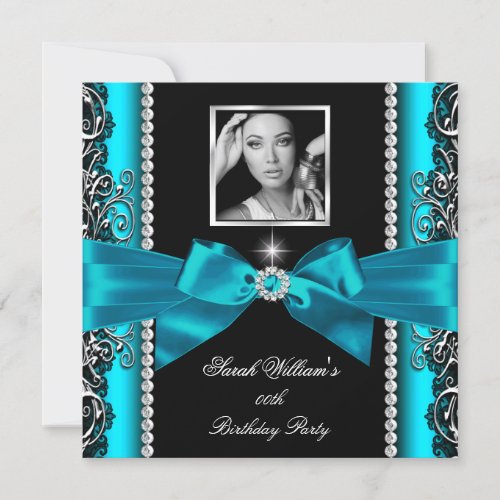 Teal Jade Bow Birthday Party Black Silver Photo Invitation