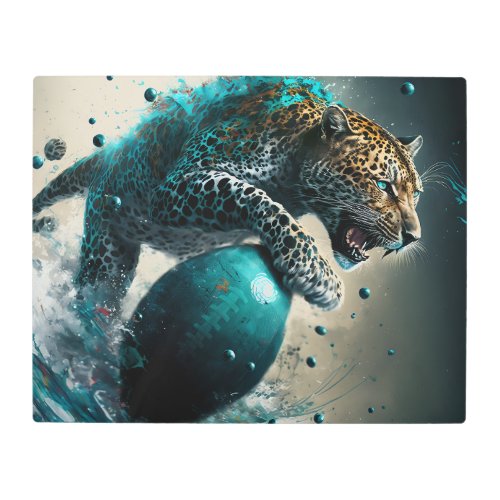 Teal jaguar and football metal print