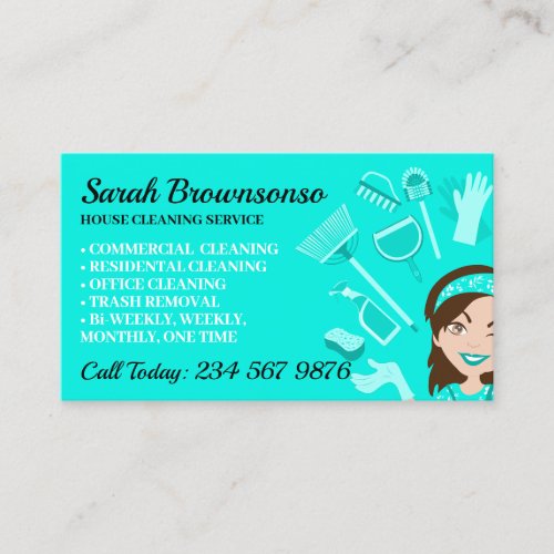 Teal Janitorial cleaning repair maintenance Lady Business Card