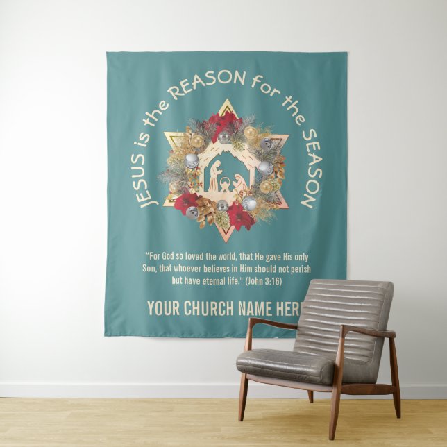 Teal JESUS IS THE REASON Christmas Tapestry (In Situ)