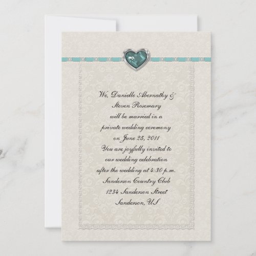 Teal Jewel Heart Ribbons &amp; Lace Post Wedding Personalized Invitation