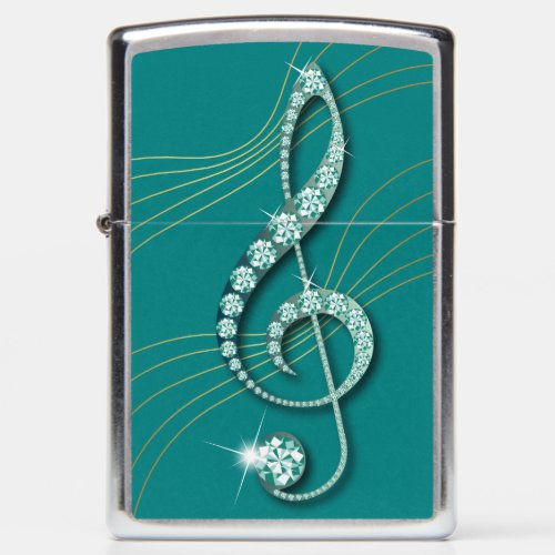 Teal Jewel Music Note Diamond Rhinestone Design Zippo Lighter