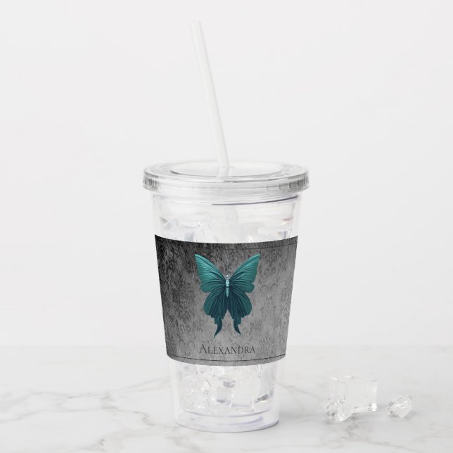 Teal Jeweled Butterfly Acrylic Tumbler (Front Ice)