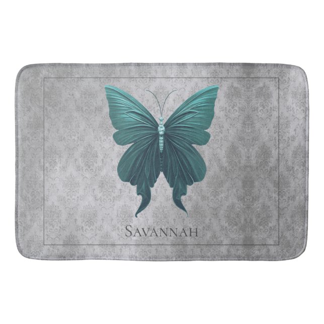 Teal Jeweled Butterfly Bath Mat (Front)
