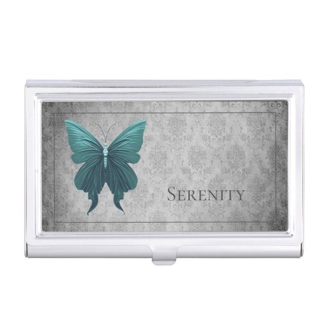 Teal Jeweled Butterfly Business Card Case (Front)