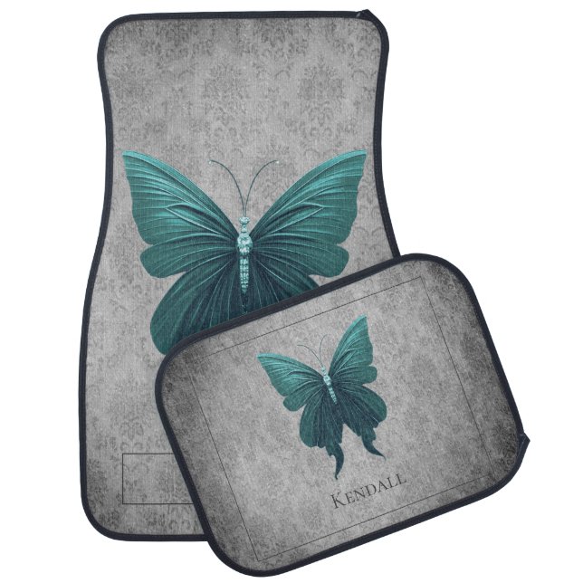 Teal Jeweled Butterfly Car Floor Mat (Set)