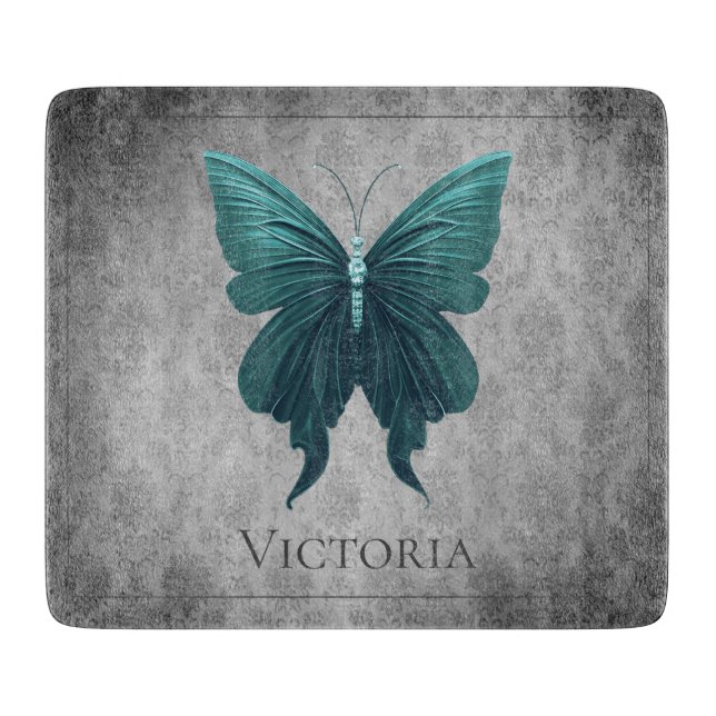 Teal Jeweled Butterfly Cutting Board (Front)