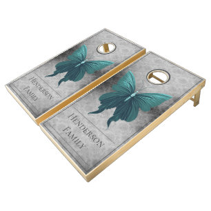 Teal Jeweled Butterfly Damask Cornhole Set