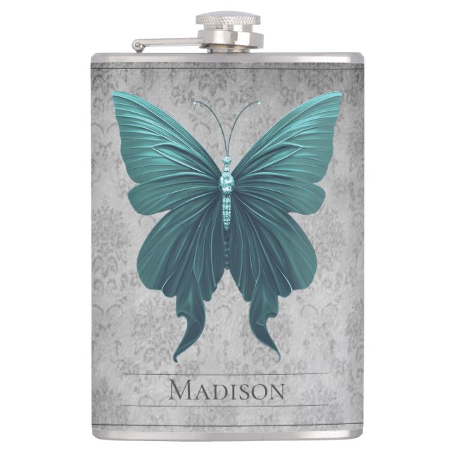 Teal Jeweled Butterfly Flask (Front)
