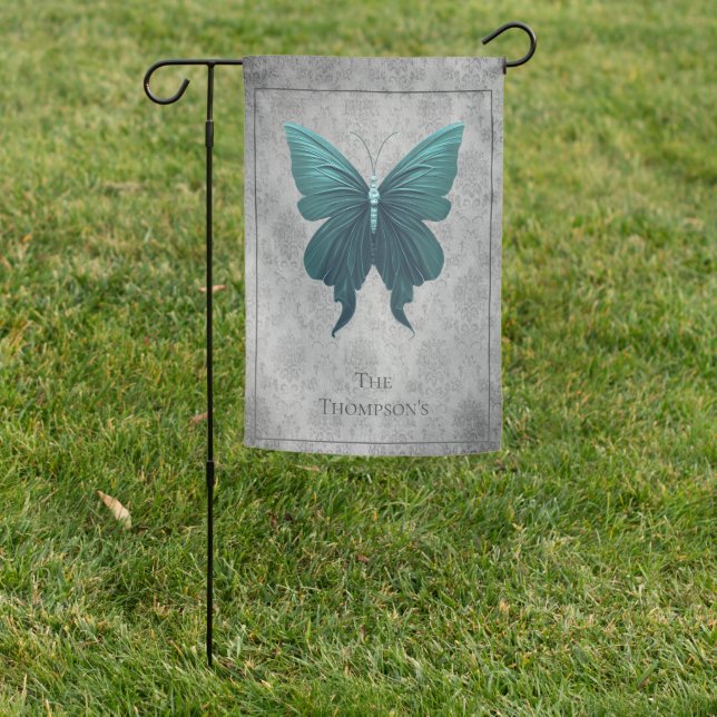 Teal Jeweled Butterfly Garden Flag (In SItu)
