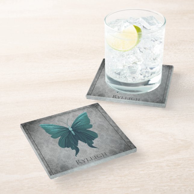 Teal Jeweled Butterfly Glass Coaster (Angled)