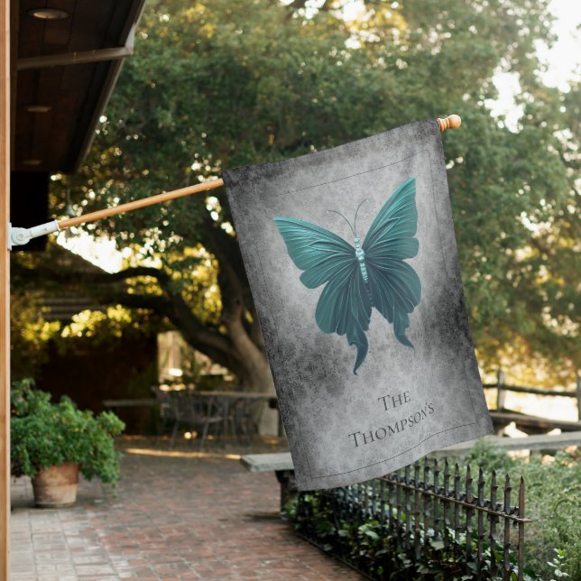 Teal Jeweled Butterfly House Flag (In SItu)
