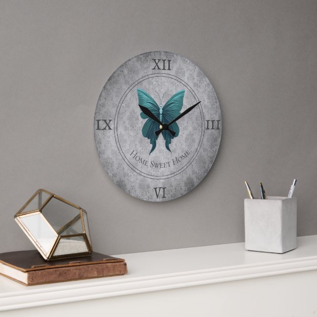 Teal Jeweled Butterfly Large Clock (Office)