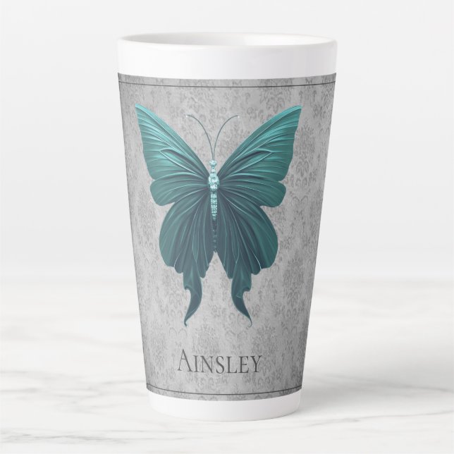 Teal Jeweled Butterfly Latte Mug (Front)