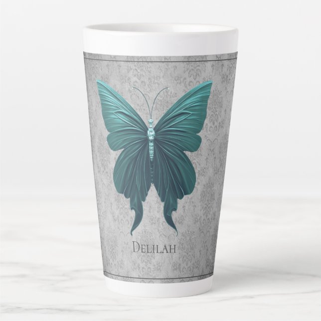 Teal Jeweled Butterfly Latte Mug (Front)