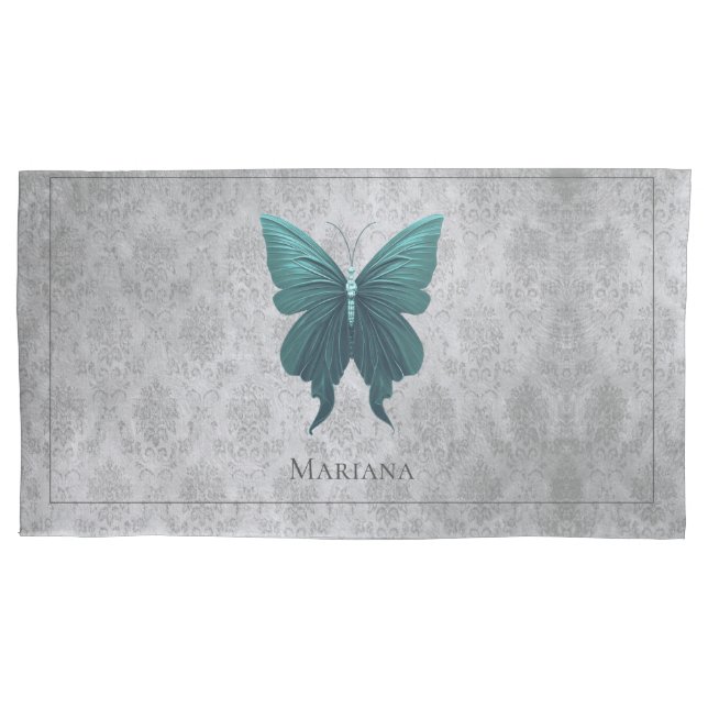 Teal Jeweled Butterfly Pillow Case (Front)