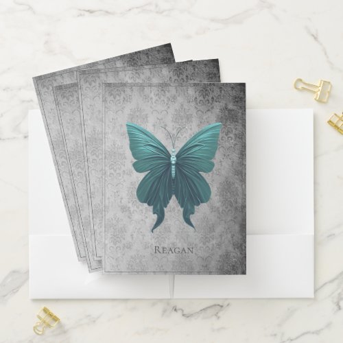 Teal Jeweled Butterfly Pocket Folder