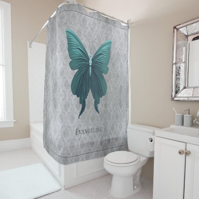 Teal Jeweled Butterfly Shower Curtain (In Situ)