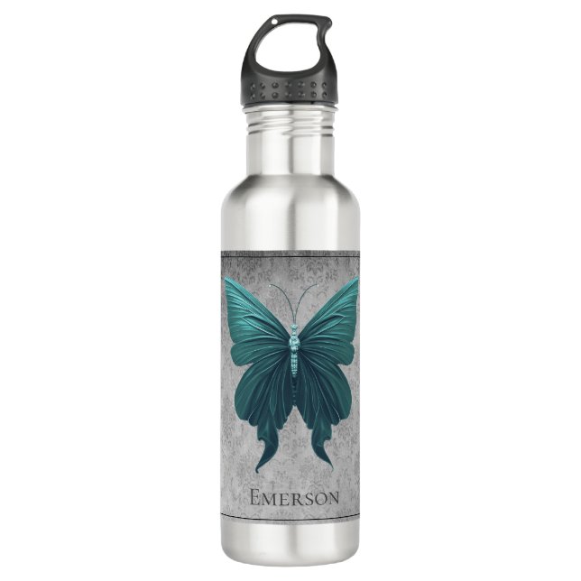 Teal Jeweled Butterfly Stainless Steel Water Bottle (Front)