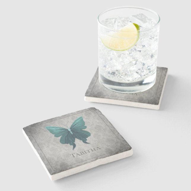 Teal Jeweled Butterfly Stone Coaster (Side)