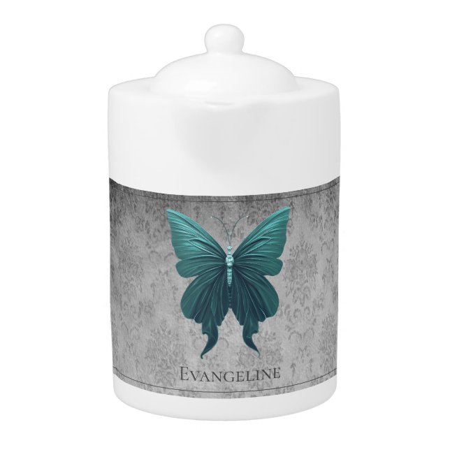 Teal Jeweled Butterfly Teapot (Front)