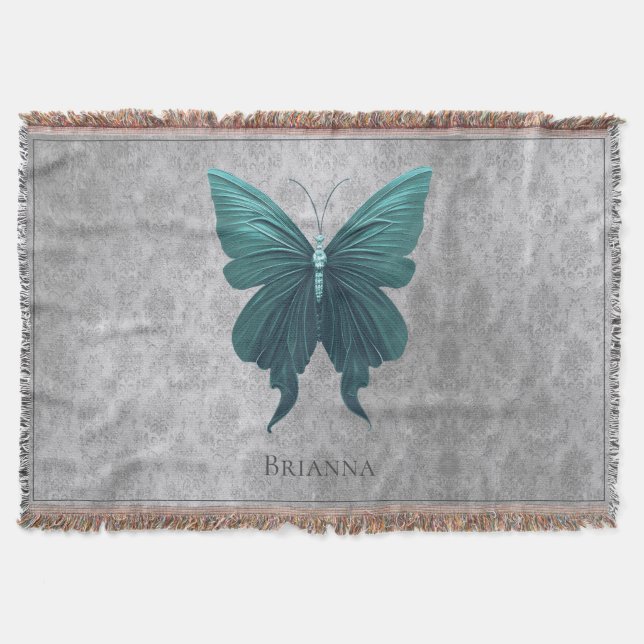 Teal Jeweled Butterfly Throw Blanket (Front)
