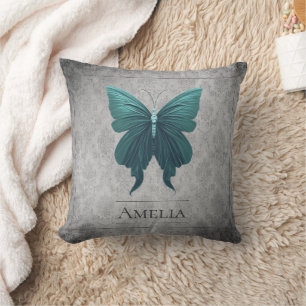 Teal Jeweled Butterfly Throw Pillow