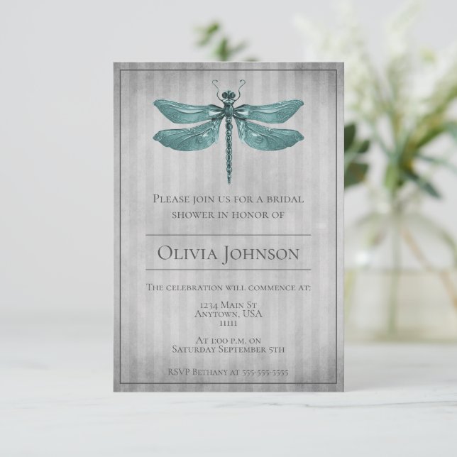 Teal Jeweled Dragonfly Bridal Shower Invitation (Standing Front)