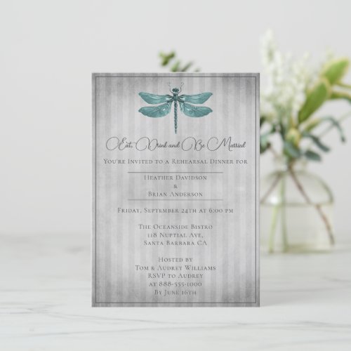 Teal Jeweled Dragonfly Rehearsal Dinner Invitation