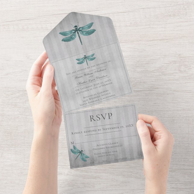 Teal Jeweled Dragonfly Wedding All In One Invitation (Tearaway)