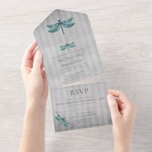 Teal Jeweled Dragonfly Wedding All In One Invitation