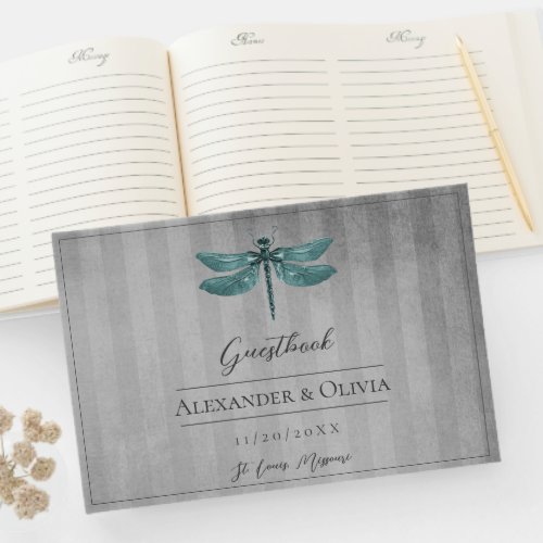 Teal Jeweled Dragonfly Wedding Guest Book